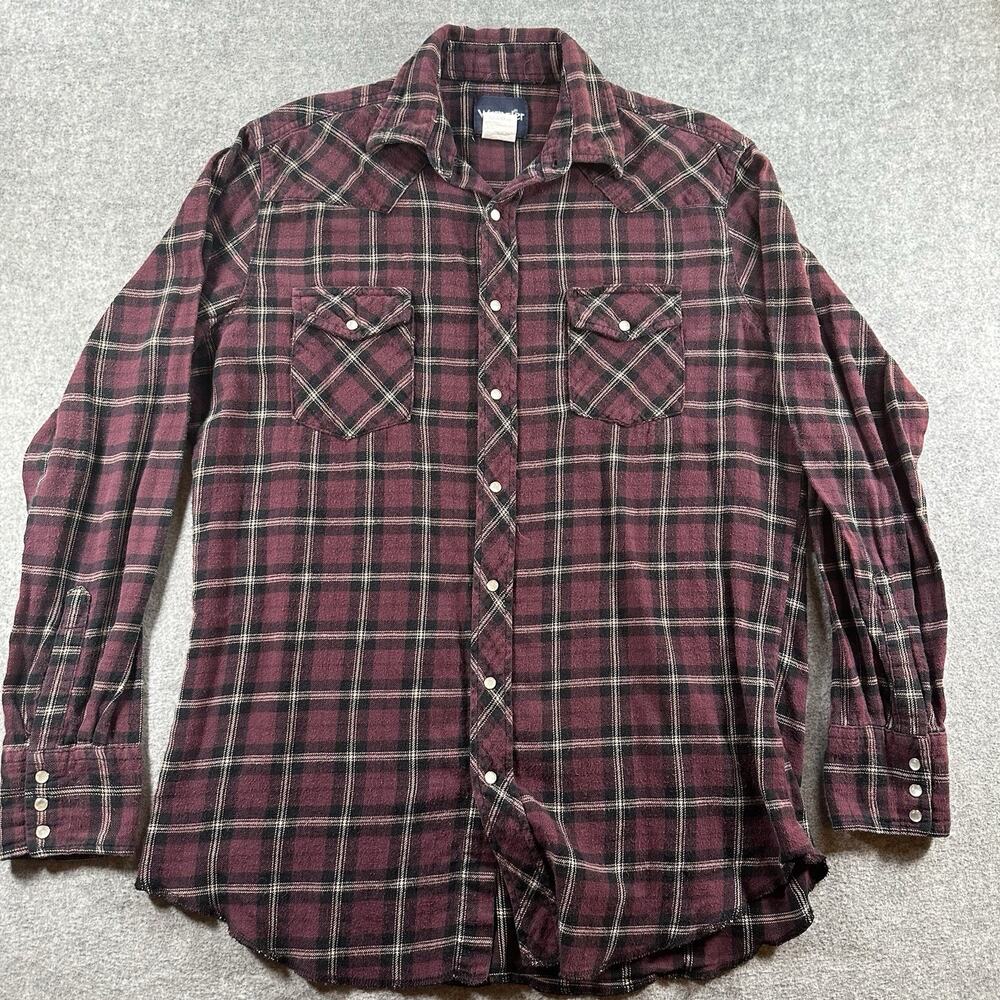 Wrangler Men's LT Plaid Flannel Cotton Button-Up Shirt Pockets Burgundy
